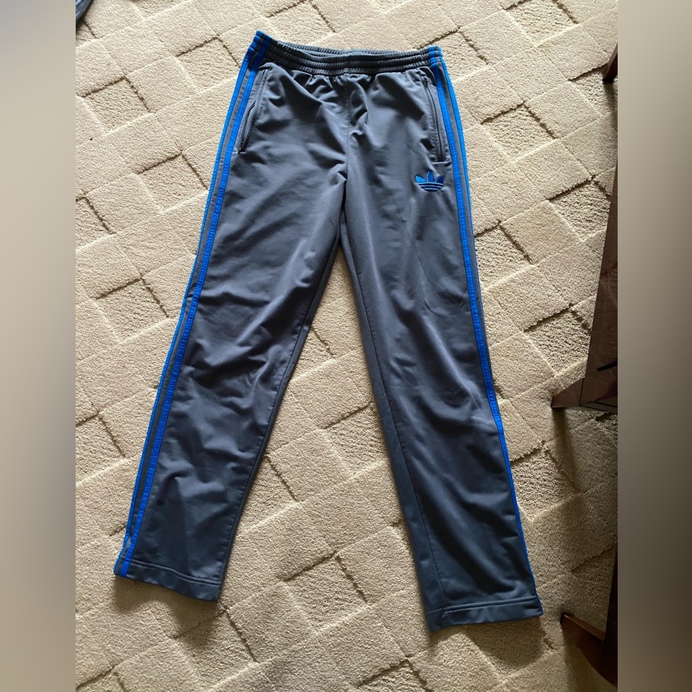 Adidas Men's retro track pants charcoal grey  with cobalt Blue stripes